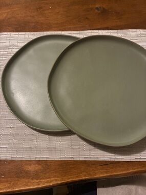 Set of 2 stoneware Hearth & Hand green dinner plates / dishes